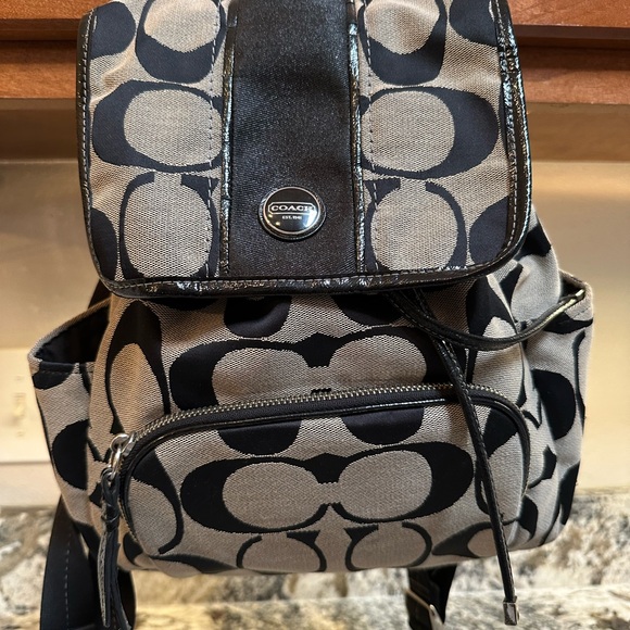 Coach Handbags - Coach Signature Black and Tan Backpack